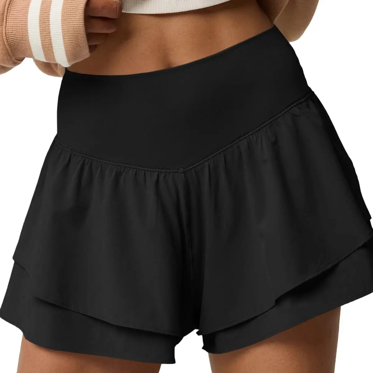 FISOEW Womens High Waisted Athletic Shorts Ruffle Tiered Running Workout Tennis Shorts with Build in Shorts