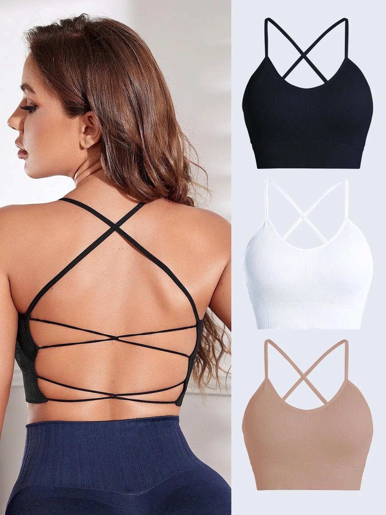 Women'S Solid Criss Cross Backless Sports Bras, Fall Back-To-School Clothing, Gym Clothing, Breathable High Elasticity Padded Wireless Sports Bra for Yoga Gym Workout Running Tennis Pickleball, Sports Bra for Women Top, Sports Bra, Activewear