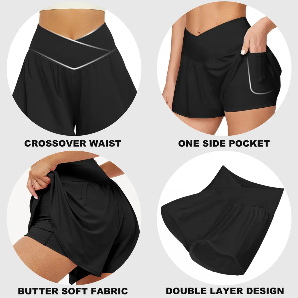 Fireswan Crossover Athletic Shorts for Women 2 in 1 Flowy Running Shorts with Pockets Spandex Butterfly Workout Tennis Skorts
