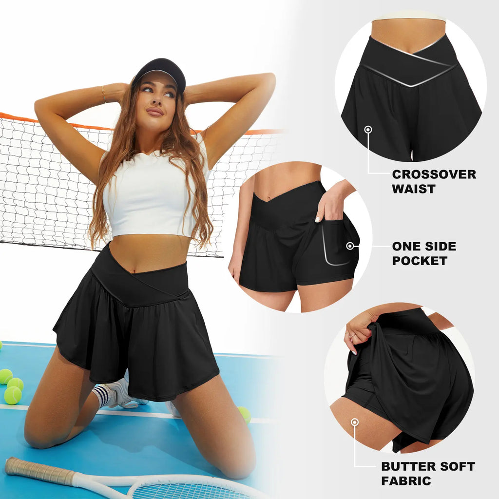 Fireswan Crossover Athletic Shorts for Women 2 in 1 Flowy Running Shorts with Pockets Spandex Butterfly Workout Tennis Skorts