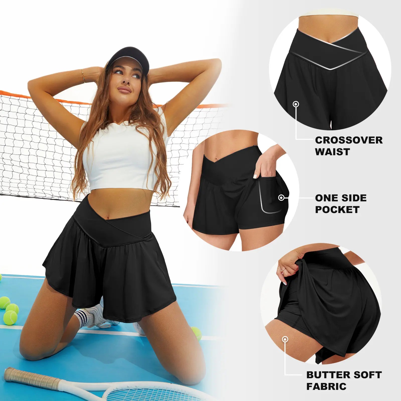 Fireswan Crossover Athletic Shorts for Women 2 in 1 Flowy Running Shorts with Pockets Spandex Butterfly Workout Tennis Skorts